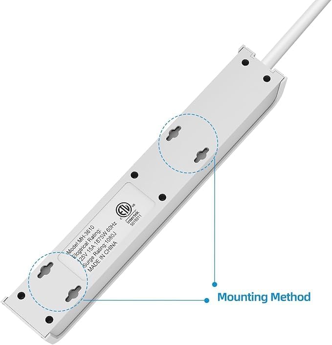 TiFFCOFiO Surge Protector Power Strip, 25 Feet Extension Cord, 600 Joules Surge Protection, Multiple Protection 6 Outlet Strip, 14 AWG Cord, 15A/1875W, ETL Listed (2 Packs, 25 FT) - Image 5
