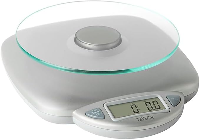 Taylor 11LB Capacity Digital Glass Top Kitchen Scale with LCD Display, Weight in Grams and Ounces for Baking, Cooking, and Meal Prep, Silver by Taylor