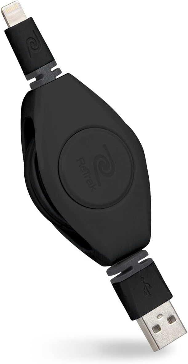 ReTrak Premier Series ETLTUSBBLK Retractable Lightning to USB Charge and Sync Cable for iPhone, iPod, and iPad (Black), 3.2 feet by ReTrak