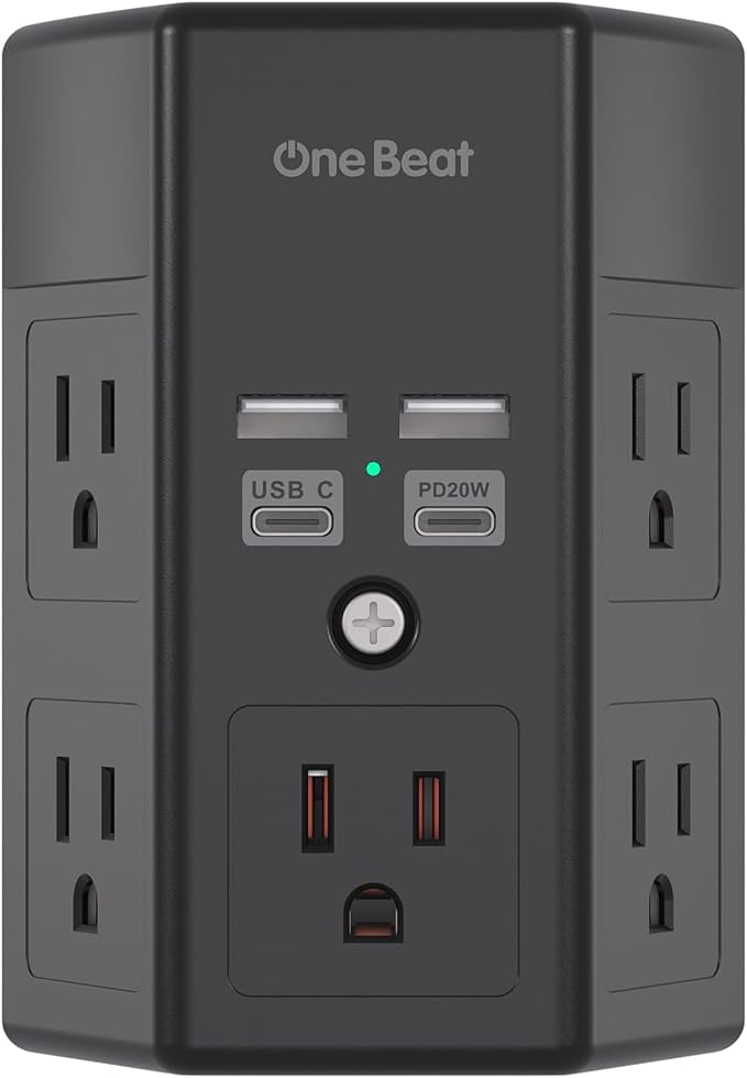 Surge Protector, 5 Outlets Extender with 4 USB Ports(USB C PD20W), 3-Side 1680J Power Strip Multi Plug Outlet Expander, USB Wall Charger, Outlet Splitter Adapter Wall Mount for Home Office(Black) by OneBeat