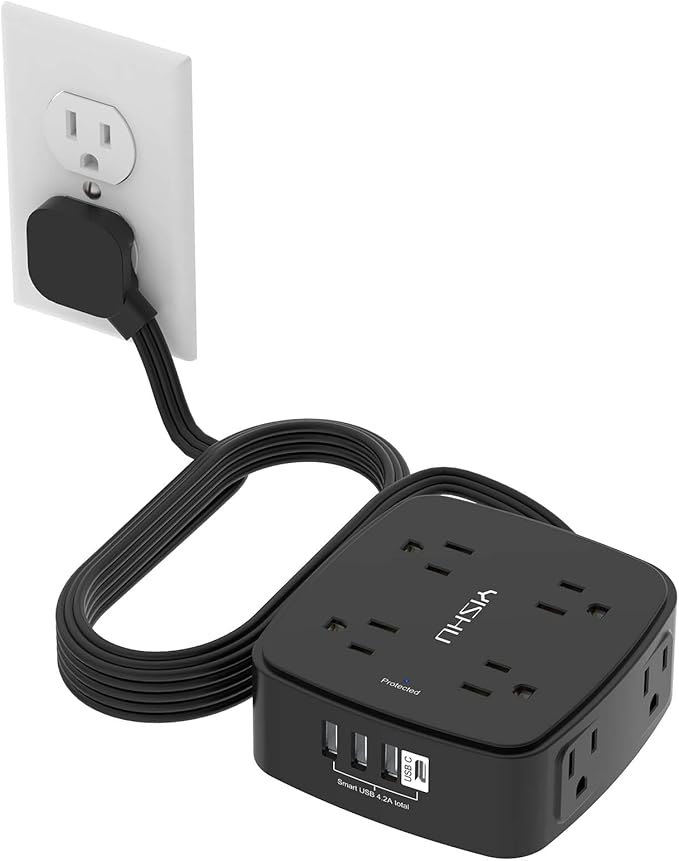 10 Ft Surge Protector Power Strip - YISHU 8 Widely Outlets with 4 USB Ports, 3 Side Outlet Extender with 10 Feet Flat Extension Cord, Ultra Flat Plug, Wall Mount, Desk USB Charging Station, ETL, Black by YISHU