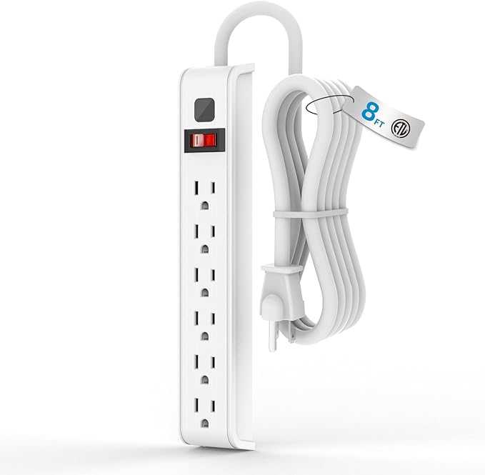 TiFFCOFiO Surge Protector Power Strip, 8 Feet Extension Cord, 600 Joules Surge Protection, Multiple Protection 6 Outlet Strip, 14 AWG Cord, 15A/1875W, ETL Listed by TiFFCOFiO