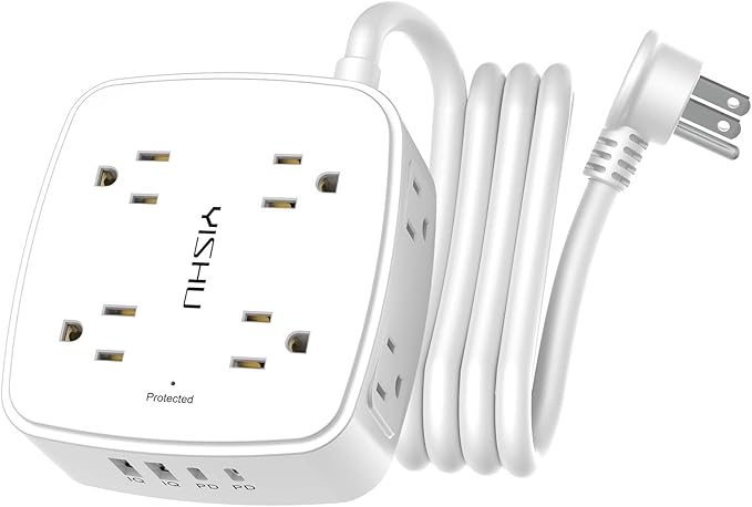 Surge Protector Power Strip - YISHU 8 Widely Outlets with 2 USB-C(PD 30W) and 2 USB-A Ports, 3 Side Outlet Extender with 6Ft Flat Plug Extension Cord, Wall Mount, Desk USB Charging Station, ETL,White by YISHU