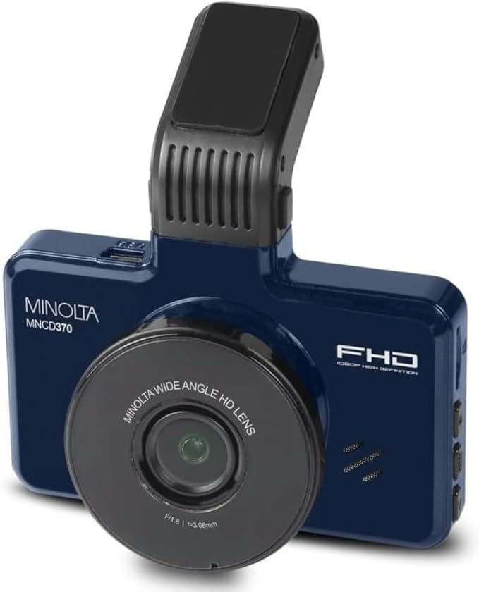 Minolta 1080p Dash Cam with G-Sensor - 3.0" LCD, 120° Wide-Angle Lens, Loop Recording, Parking Monitor, Emergency Lock, USB Power, Windshield Mount, 16GB Card Included, Compact (Dark Blue) by Minolta