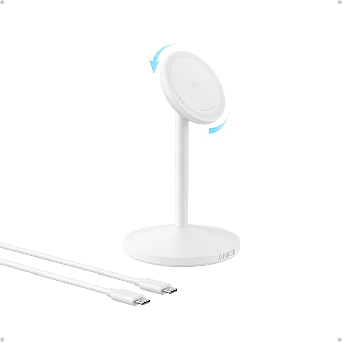 Anker MagGo iPhone 17 MagSafe Charger Compatible Stand, 15W Fast Magnetic Wireless Charging Station, Qi2 Certified 360° Wireless Charger (White, with Cable) by Anker