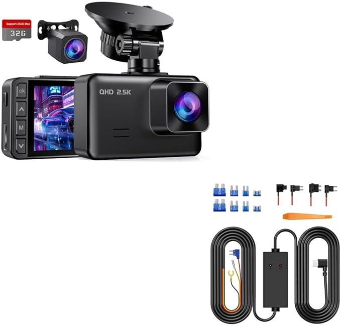 Dash Cam Front and Rear, 2.5K+1080P Dual Dash Camera for Cars, 2’’ Display Mini Car Camera, G-Sensor Dashcam, Night Vision with E-YEEGER 11.5ft Type-C Dash Cam Hardwire Kit (V5F), 12V-24V to5V 3A Car by E-YEEGER