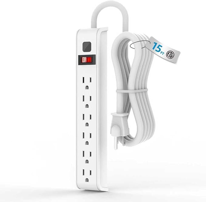 TiFFCOFiO Surge Protector Power Strip, 15 Feet Extension Cord, 600 Joules Surge Protection, Multiple Protection 6 Outlet Strip, 14 AWG Cord, 15A/1875W, ETL Listed by TiFFCOFiO