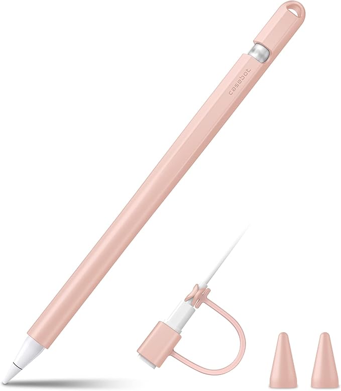 Fintie Silicone Sleeve Compatible with Apple Pencil 1st Generation, Ultra Light Pen Skin Case Cover Soft Protective Pencil Grip Holder with 2 Nib Covers & Cable Adapter Tether, Pink Sand by Fintie