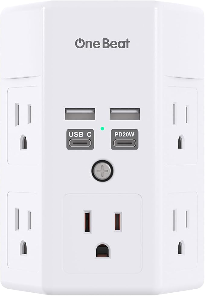 Surge Protector, 5 Outlets Extender with 4 USB Ports(USB C PD20W), 3-Side 1680J Power Strip Multi Plug Outlet Expander, USB Wall Charger, Outlet Splitter Adapter Wall Mount for Home Office(White) by OneBeat
