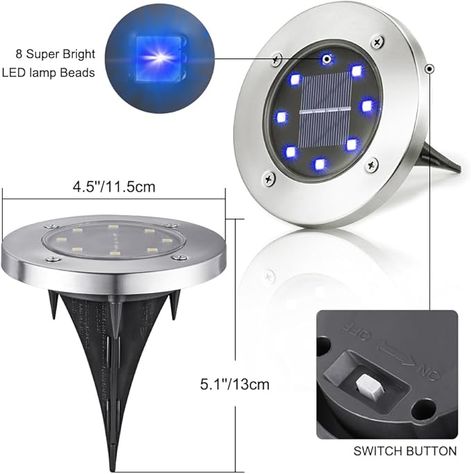 LYHOPE Solar Ground Lights Outdoor, 8 Pack 8 LED Solar Disk Lights Waterproof Garden In-ground Pathway Light Landscape Lighting for Lawn,Yard,Deck,Patio,Walkway (Blue) - Image 3