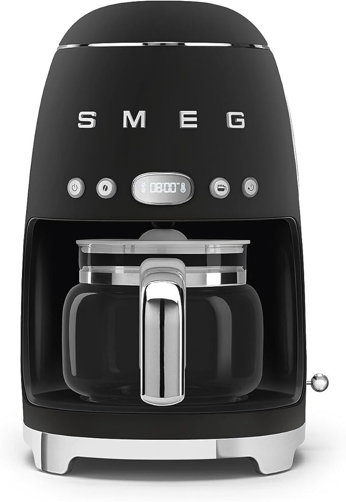 Smeg 50's Retro Style Aesthetic Drip Coffee Machine with 10 Cup Glass Carafe, Auto Start Feature, Keep Warm Plate, and Two Coffee Strength Settings (Matte Black) by SMEG