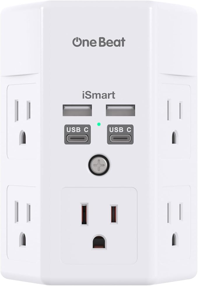 One Beat 1680J 3 Side Power Strip Multi Plug Expander, Surge Protector, 5 Outlets Extender, 4 USB Ports (USB C), Wall Mount Charger, Outlet Splitter Adapter for Home, Travel, Office, ETL Listed, White by OneBeat