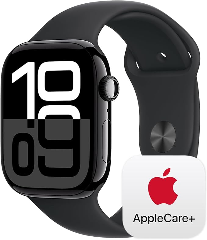 Apple Watch Series 10 [GPS + Cellular 46mm] with Jet Black Aluminium Case with Black Sport Band - M/L. Fitness Tracker, ECG App, Always-On Retina Display, Water Resistant with AppleCare+ (2 Years) by Apple