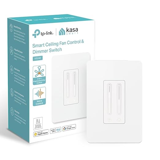 Kasa Smart Ceiling Fan Control & Dimmer Switch | Adjustable 4-Speed Fan & Brightness Control | Works w/Apple HomeKit, Alexa & Google Home | 2.4G Wi-Fi Only, Single Pole, Neutral Wire Required | KS240 by KasaSmartbyTP-Link