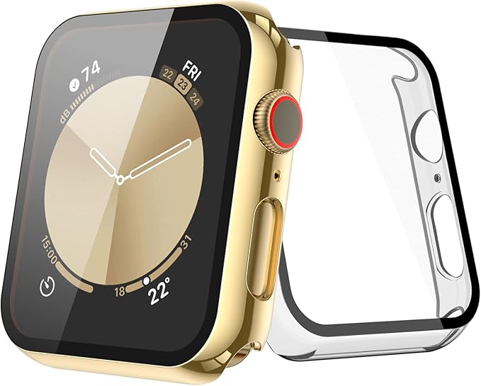 [2-Pack] Julk Gold Case with Screen Protector for Apple Watch New SE 3 (2025) /6/5/4/SE 44mm, 9H Tempered Glass with Ultra-Thin Hard Protective Cover for iWatch [1 Gold + 1 Transparent] by JULK