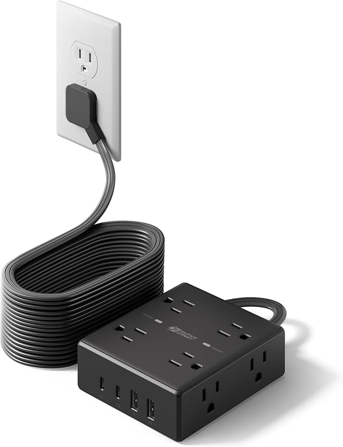 25Ft Long Extension Cord, Flat Plug Power Strip Surge Protector, 8 Outlet 4 USB Ports (2 USB C), Wall Mountable, Desk Charging Station for Home Office, College Dorm Room Essentials (Black) by SUPERDANNY