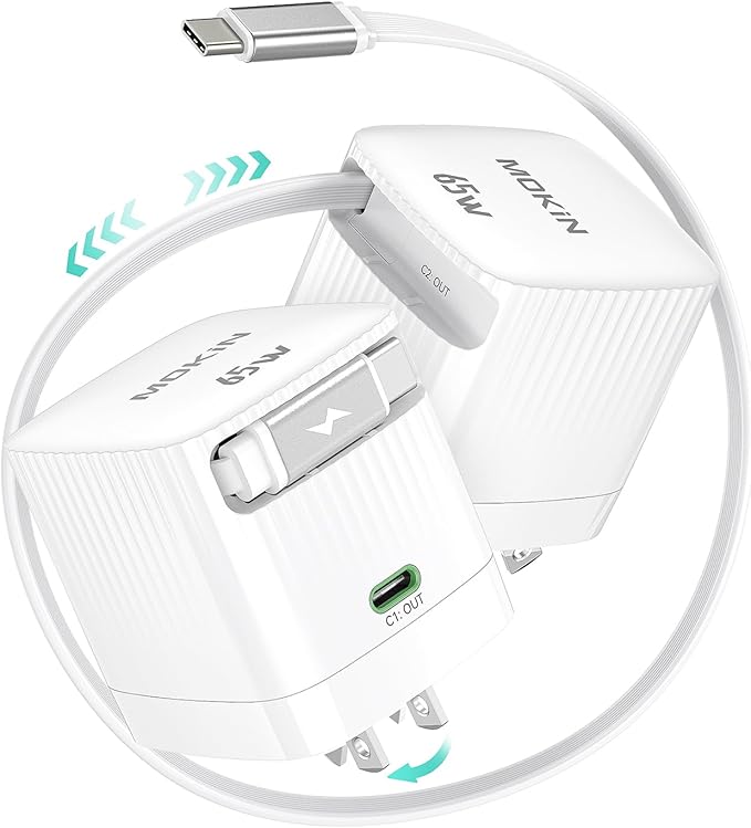 Retractable Wall Charger, 65W GaN PD/PPS Fast USB C Charger Block with Retractable Type-C Cable, Travel Fast Charging Adapter with Foldable Plug for iPhone 17/16 Series, MacBook Air, iPad Pro, Samsung by imokin