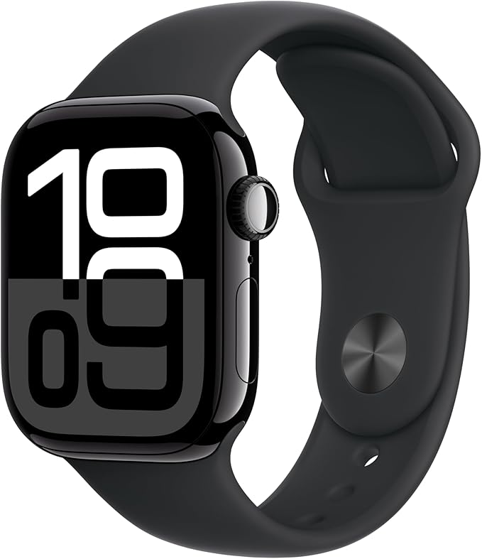 Apple Watch Series 10 [GPS + Cellular 42mm case] Smartwatch with Jet Black Aluminum Case with Black Sport Band - M/L. Fitness Tracker, ECG App, Always-On Retina Display, Water Resistant by Apple