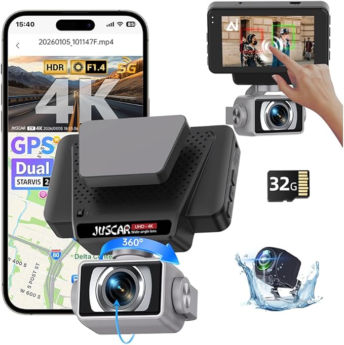 2026 AI Drive Assist 5G WiFi Dash Cam Front and Rear, UHD 4K+1080P, ADAS & GPS, 360° Rotating Front x Free 32GB Card Dual Dashcam, 3" Touch Screen, 24H Parking Mode, Support 512GB Max by Juscar