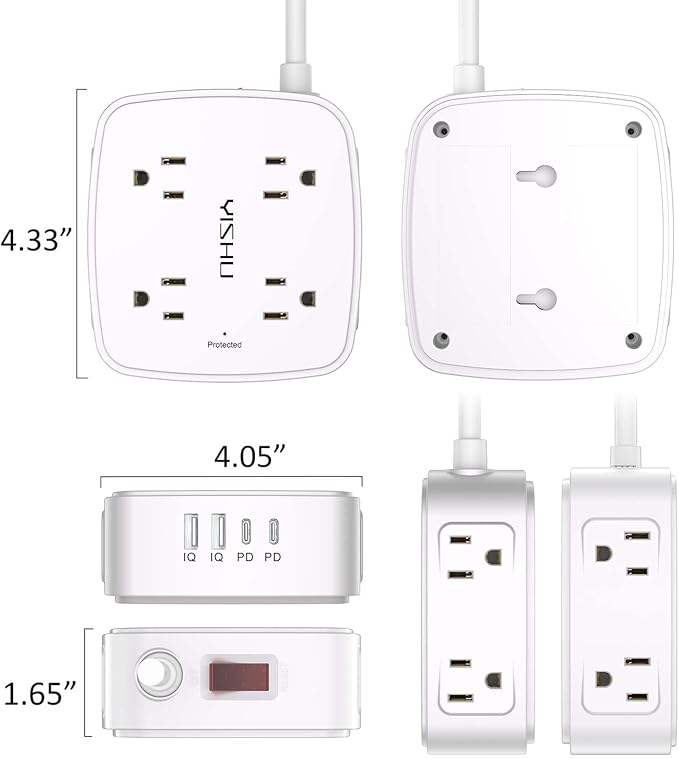 Surge Protector Power Strip - YISHU 8 Widely Outlets with 2 USB-C(PD 30W) and 2 USB-A Ports, 3 Side Outlet Extender with 6Ft Flat Plug Extension Cord, Wall Mount, Desk USB Charging Station, ETL,White - Image 7