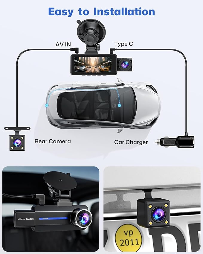 BAEASU Dash Cam Front and Rear 2.5K/1440P, 3 Channel Dash Camera for Cars Dash Cam Front Rear and Inside with 32GB Card, 3.16" IPS Screen, G-Sensor, Loop Recording, Night Vision, Parking Mode - Image 9