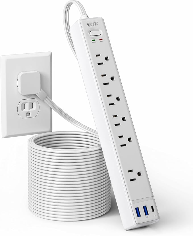 15Ft Long Extension Cord, SUPERDANNY Surge Protector Power Strip with 6 Outlets & 3 USB Ports, Flat Plug Power Strip Wall Mountable, Desk Charging Station for Home Office, College Dorm Room Essentials by SUPERDANNY