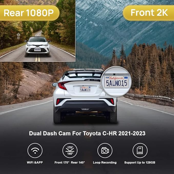Fitcamx 2K Front and Rear Dash Cam Suitable for Toyota C-HR 2021 2022 2023 LE Limited XLE (Model B), Integrated OEM Look, Dual 1440P+1080P Video WiFi, Loop Recording, G-Sensor, Easy to Set, 64GB Card - Image 3