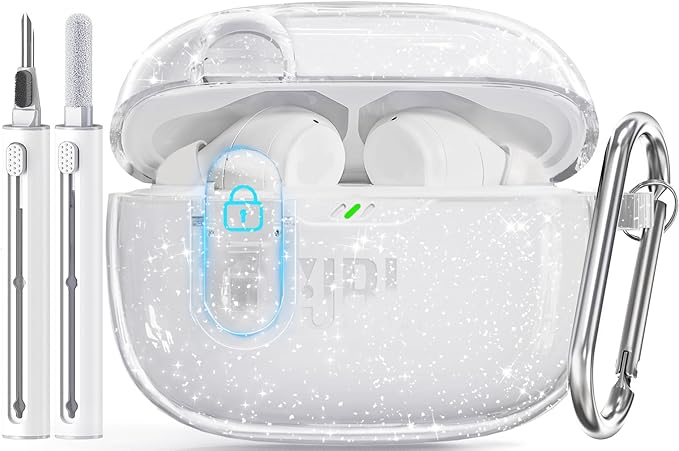 for JBL Vibe 200TWS/JBL Vibe Beam Case with Lock,TPU Transparent Protective Case Cover for Men Women with Cleaner Kit and Keychain Compatible with JBL Vibe Beam 2 (2025) Clear Glitter by Wowwat
