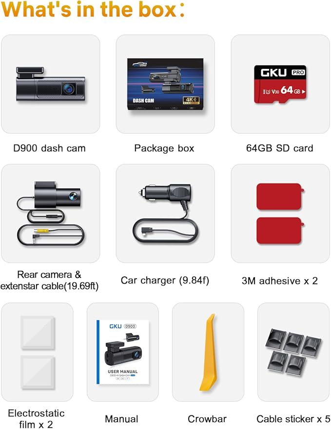 GKU Dash Cam Front and Rear, 4K 60fps＋2.5K Dashcam,STARVIS Sensor, HDR, 5G WiFi GPS, 24H Parking Mode, Night Vision, 170°Wide Angle, Dash Camera for Cars with 1.47 Display, 64G SDcard (Black) - Image 9