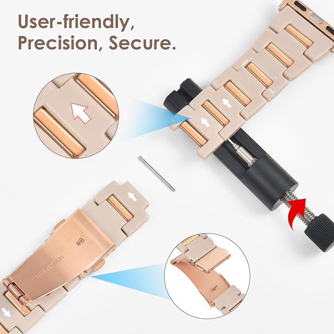 V-MORO Resin Band Compatible with Apple Watch 42mm 41mm 40mm 38mm,Fashion Lightweight Bracelet with Polished Rose Gold Stainless Steel Inlay for iWatch Series 11/10/9/8/7/6/5/4/3/2/1/SE,Oatmeal - Image 7