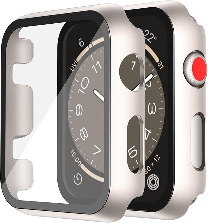 Misxi 2 Pack Hard PC Case with Tempered Glass Screen Protector Compatible with Apple Watch Series 3 Series 2 38mm, Anti-Drop Scratch Resistant Lightweight Cover for iWatch, 2 Starlight by Misxi