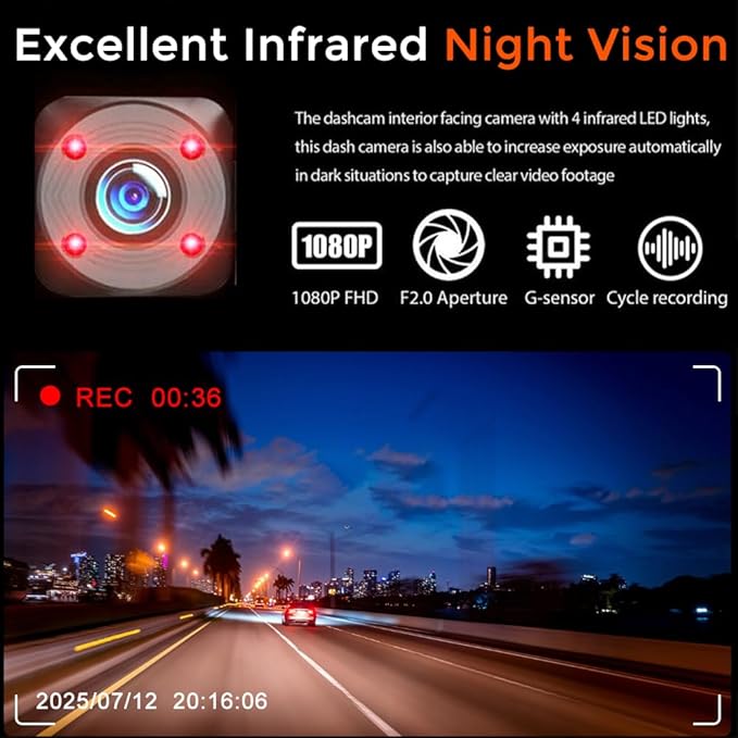 Dash Cam for Cars, 1080P Full HD Dual Dash Cam Front Inside, WiFi, 2" Screen, Night Vision, G-Sensor, Loop Recording, 170° Wide Angle, APP Control (Dual Dashcam) - Image 5