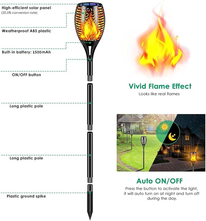 TomCare Solar Lights Outdoor 99 LED Higher & Larger Flickering Flame Solar Torch Lights 43" Waterproof Outdoor Lighting Solar Powered Pathway Lights for Garden Patio Yard, 6Pack - Image 4