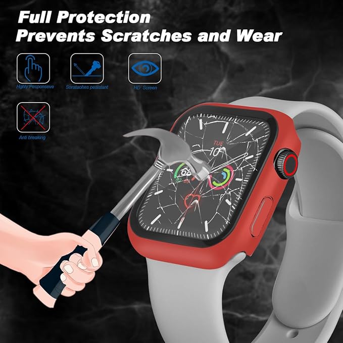 2 Pack Hard Case for Apple Watch Series 7 8 9 45mm Tempered Glass Screen Protector Case, Full Coverage Matte Shockproof Iwatch Thin Bumper Cover (Red+Red, 45mm) - Image 3