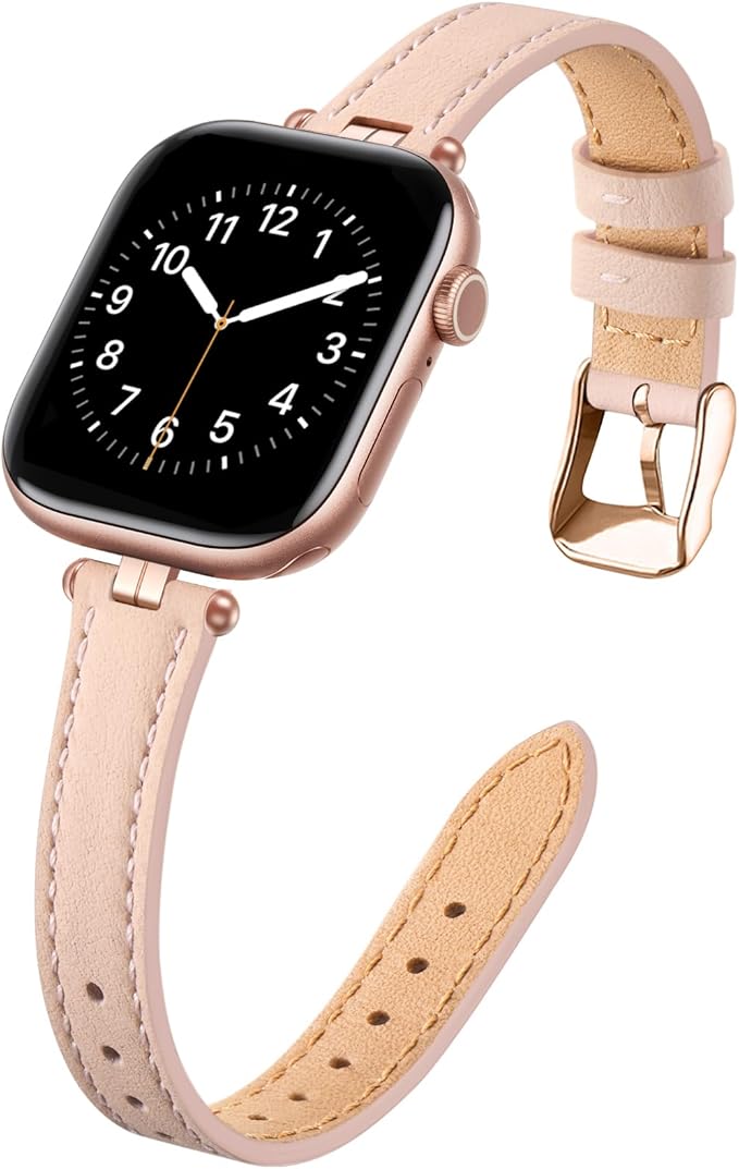 STIROLL Thin Leather Band Compatible with Apple Watch Bands 41mm 40mm 38mm 42mm(Series 11 10) Women, Stylish Top-Grain Leather Strap Slim Wristband for iWatch SE3/2/1 Series 9 8 7 6 5 4 3 2 1, PinkSand/Rose Gold by STIROLLWatchBand