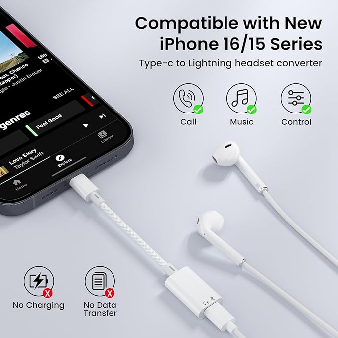 USB C to Lightning Headphone Audio Adapter, USB C Male to Lightning Female Earbuds Audio Adapter Compatible with iPhone 17/Air/16/16e/15 Plus/Pro/Max/15, iPad Pro, iPad Air 6/5/4, MacBook (No Charge) - Image 2