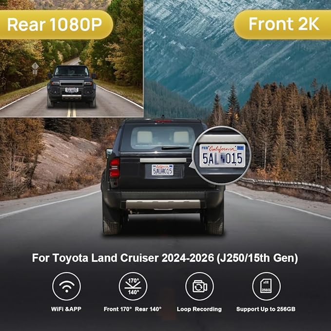 Fitcamx Front 2K+Rear 1080P Dash Cam Adapts for Toyota Land Cruiser 2024-2026 First Edition 1958 (J250/Gen15), OEM Look, Dual HD Video, WiFi & APP, Loop Recording, G-Sensor, Easy to Use, 64GB Card - Image 2
