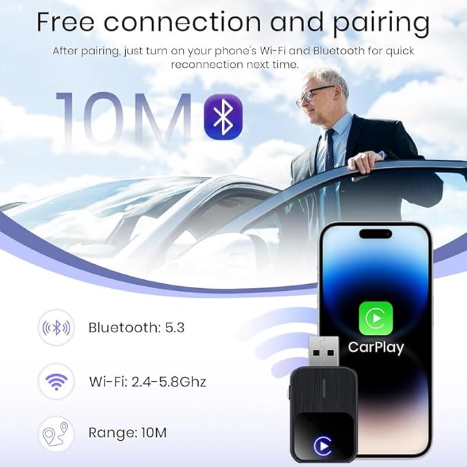 2026 Upgraded Wireless CarPlay Adapter for iPhone & Android Auto, 5X Faster Auto-Connect No Latency, Converts Wired to Wireless CarPlay, Plug & Play, 2 in 1 Adapter for iOS 12+/Android 11+, Black - Image 6