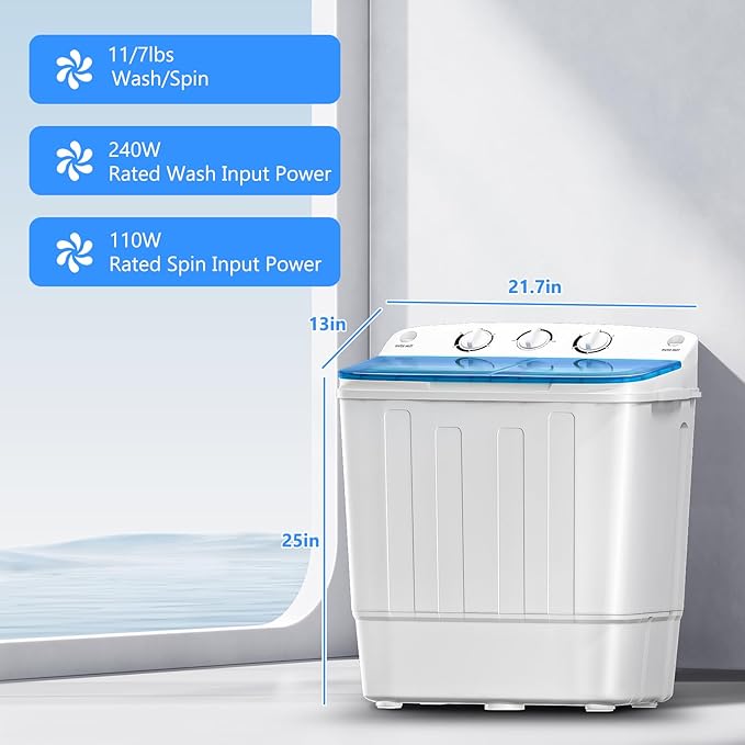 Portable Mini Twin Tub 18lbs Washing Machine With Drying Rack& 10 Hangers, 11lbs Washer & 7lbs Spinner, Small Laundry Washer with Time Control for Camping, Apartments, RV (18lbsBlue) - Image 4