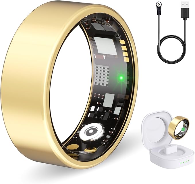 Smart Ring Health Tracker for Women & Men, Fitness Ring with Heart Rate Blood Oxygen, Sleep Monitor, Step Tracker, IP68 Waterproof Compatible with iOS & Android, No Subscription Fee (Gold, 10) by Unknown