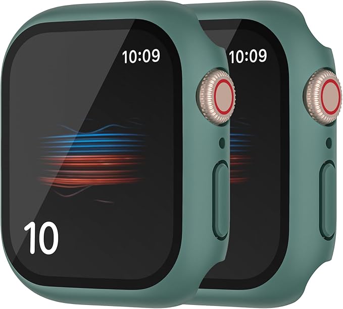 2 Pack Hard PC Case with Button for Apple Watch Series 7 8 9 41mm Tempered Glass Screen Protector Case Full Coverage Iwatch Bumper Cover (Green+Green, 41mm) by HANKN