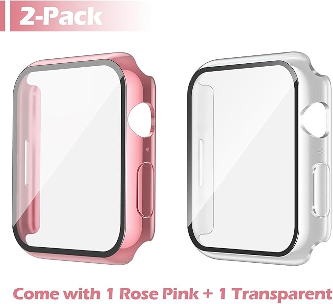 Misxi [2 Pack Waterproof Case with Button for Apple Watch Series 9 (2023) Series 8 Series 7 41mm, Hard PC Cover with Tempered Glass Screen Protector for iWatch, 1 Rose Pink + 1 Transparent - Image 2