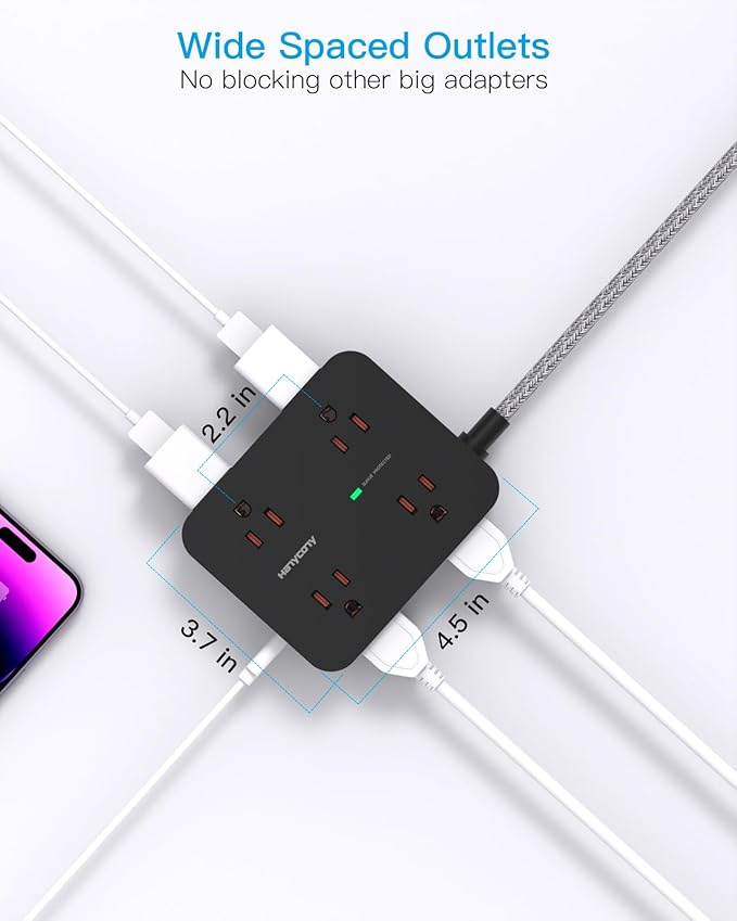 Power Strip Surge Protector 10 Ft Cord, HANYCONY Extension Cord Flat Plug with 8 Outlets 4 USB Ports(2 USB C), Wall Mount, Desk Charging Sation for Home Offcie - Image 4