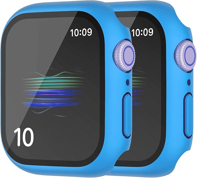 2 Pack Hard Case for Apple Watch Series 7 8 9 41mm Tempered Glass Screen Protector Case Full Coverage Shockproof Shell Iwatch ll Button Bumper Cover (New Blue, 41mm) by HANKN