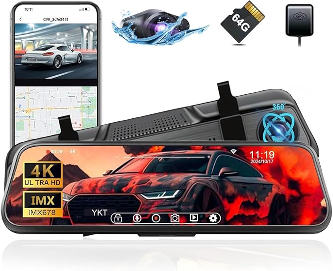 YKT 4K Mirror Dash Cam, Rear View Mirror Camera for Car with 2K Camera and 64GB Card, 10' Touch Screen Front and Rear Dashcam WiFi GPS, Night Vision, G-Sensor, Reverse Assist, 24H Parking Mode by YKTDASHCAM