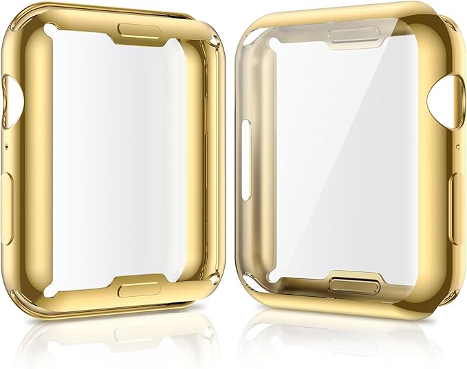 Julk [2 Pack] 45mm Gold Cover Soft Flexible TPU Anti-Scratch Lightweight Protective IWatch Case Built in Screen Protector Compatible with Apple Watch 9/8/7 - (1 Gold + 1 Transparent) by JULK