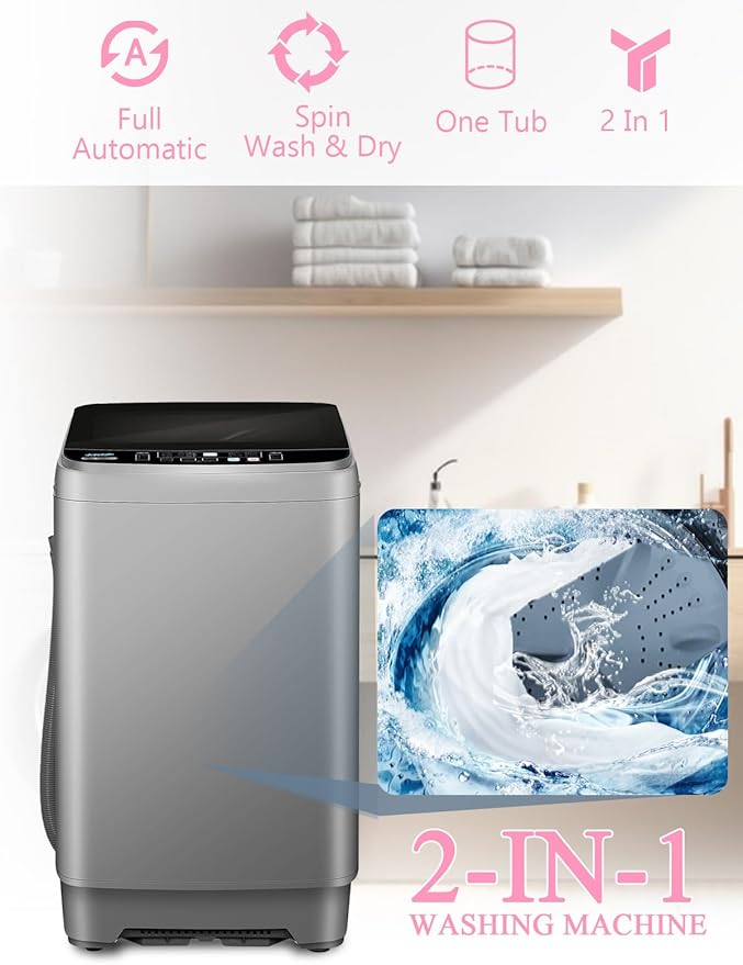 KRIB BLING Full Automatic Washing Machine with LED Display, 25 lbs Portable Washer Drain Pump, 10 Programs & 8 Water Levels Selections, Ideal for RV, Camping, Apartment, Dorm, Dark Grey - Image 4