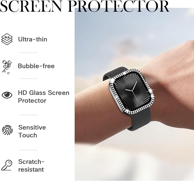 Adepoy Compatible for Apple Watch Case Series 11/10 42mm with Tempered Glass Screen Protector, Double Bling Case Crystal Diamonds Rhinestone Bumper Overall Hard PC Ultra Protective Cover For iWatch 42 - Image 2