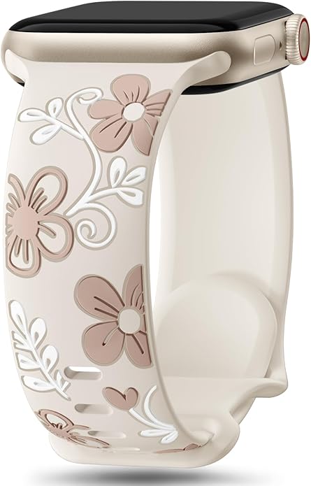 Witzon Floral Band Compatible with Apple Watch Bands For Women 40mm 41mm 38mm 42mm 44mm 45mm 46mm 49mm, Engraved Cute Flower Silicone Dressy Strap for iWatch Series 11 10 9 8 7 6 5 4 3 2 SE Ultra by Witzon