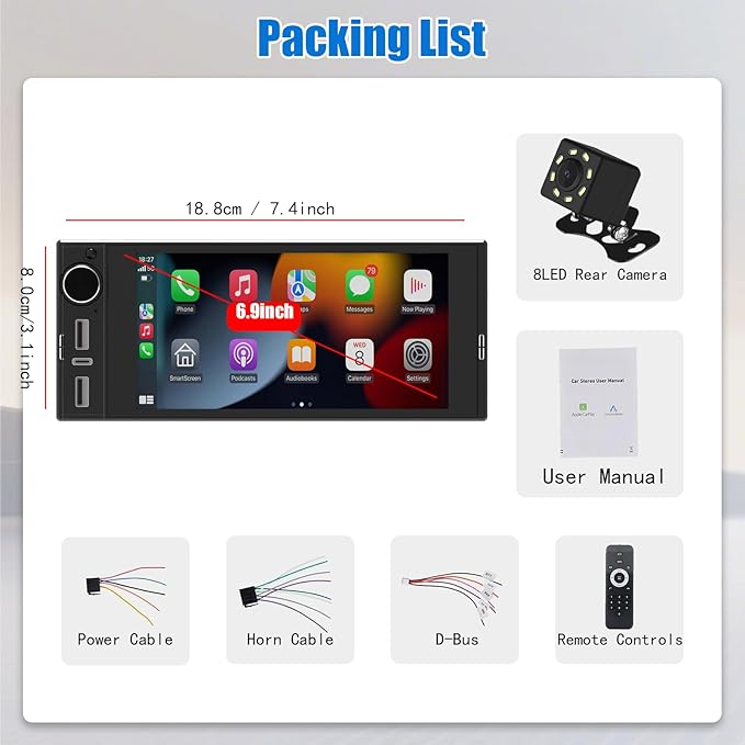 6" Single DIN Car Stereo, Apple CarPlay & Android Auto, IPS Touchscreen, Bluetooth Hands-Free, Mirror Link, HD Waterproof Backup Camera, FM/AM Radio, USB/Type-C, 10-Band EQ Multimedia Receiver - Image 7